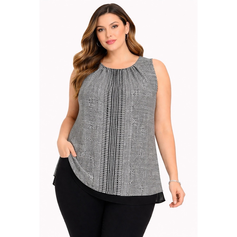 Rose & Olive Women's 2X Black White Geometric Sleeveless Layered Blouse‎